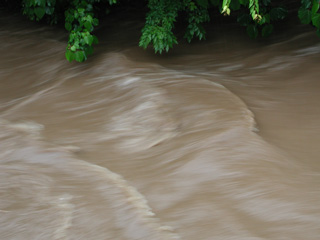 川は大増水で激流に。